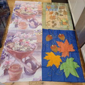 Lot of 4 Garden Flags. Spring Wheelbarrow Fall Leaves Acorns. Greenhouse Nursery